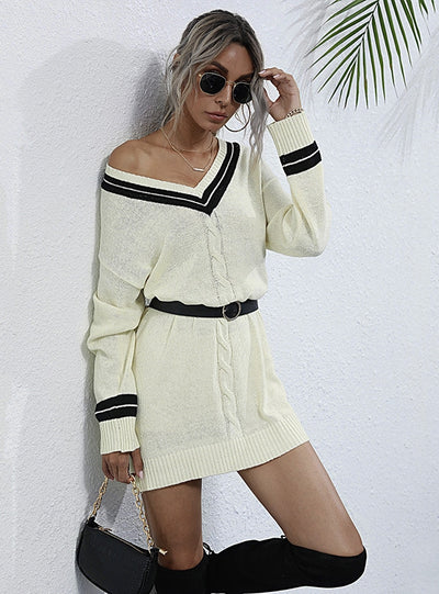 Twist V-neck College Wind Knitted Sweater Dress