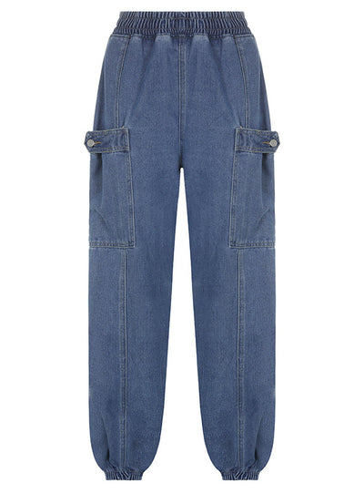 Tight Waist Wide Leg Button Patch Leg Pants