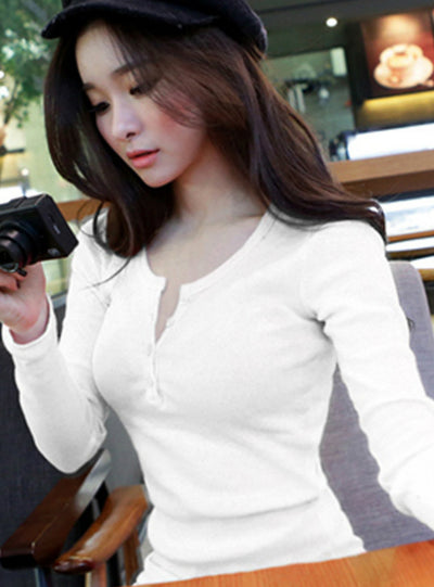 Women's Button Thread Solid Color Long Sleeve T shirt 