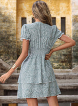 Printed Cake Skirt Bow V-neck Dress