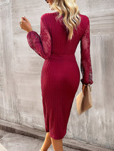 V-neck Split Lace Long Sleeve Dress
