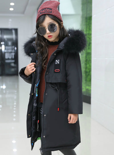 Girl Coat Natural Fur Hooded Outerwear Overcoat