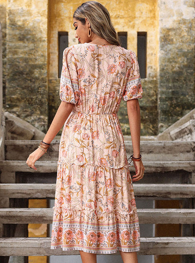 V-neck Medium Long Bohemian Dress