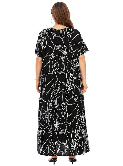 Short-sleeved Graffiti Print Slim Big Swing Dress