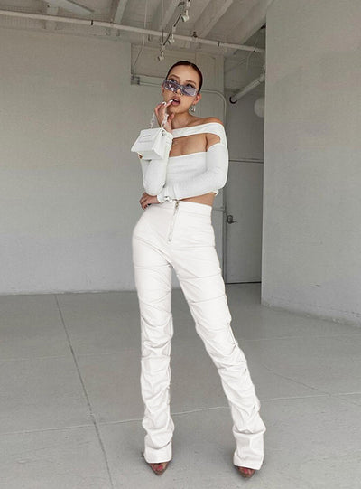 Imitation Leather Trousers High Waist-pack Feet Pants