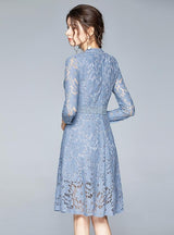 Blue 3/4 Sleeve Collar Openwork Lace Dress