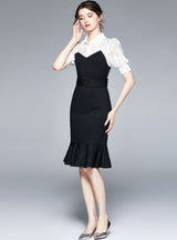 Black-and-white Slim Ruffled Dress