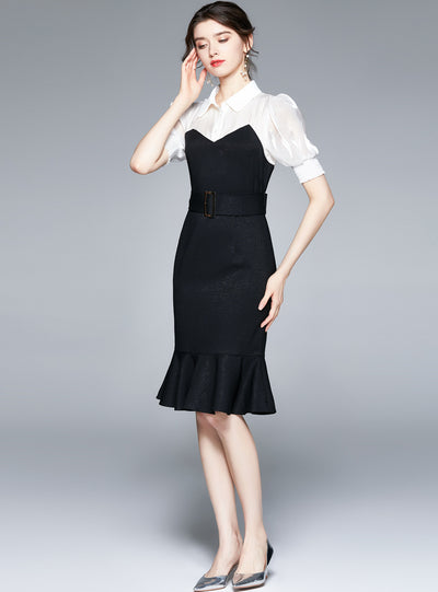 Black-and-white Slim Ruffled Dress