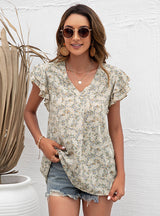 Loose V-neck Lotus Leaf Sleeve Printed Chiffon Shirt