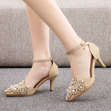 7 cm Thin-heeled Pointed Beaded Sandals