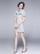 Denim Plaid Short Sleeve Tweed Dress