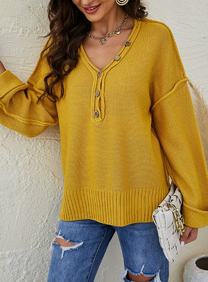 Button Placket Solid Color V-neck Sweater