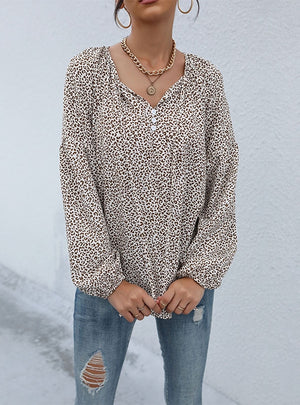 Long Sleeve V-neck Pullover Leopard Print Shirt