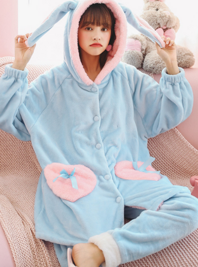 Women Blue Long Sleeve Pink Pocket Sleepwear