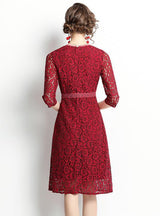 Red 3/4 Sleeve Lace Slim Dress