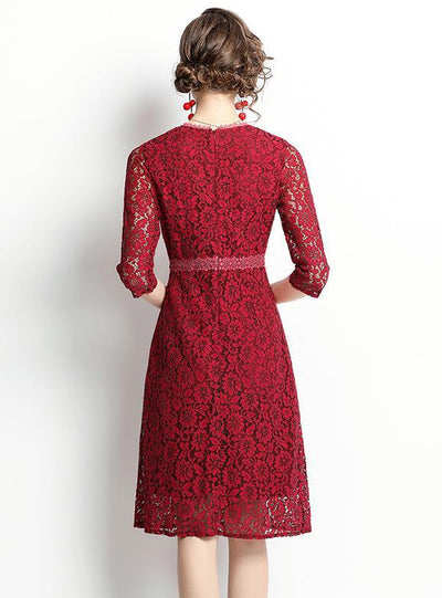 Red 3/4 Sleeve Lace Slim Dress
