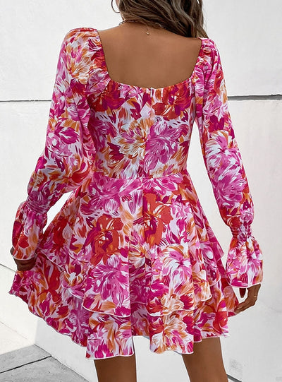 Square Collar Printed Flounce Cake Dress