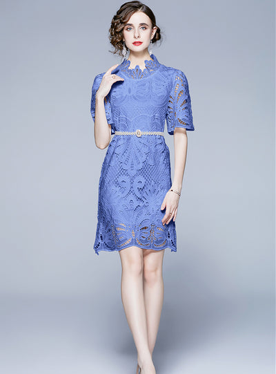Lace Round Neck Hollow Short Sleeve Dress