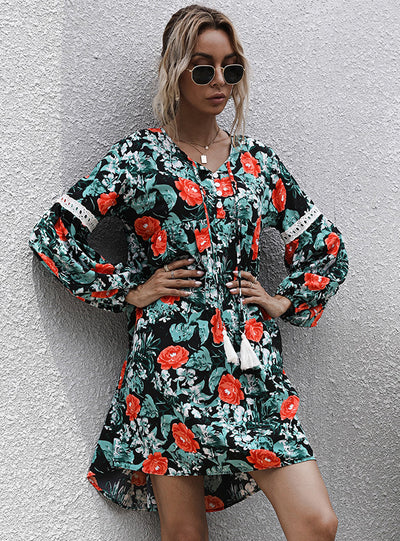 Pullover V-neck Printed Long Sleeve Dress