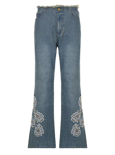 Embroidered Flower Raw Edges Jeans