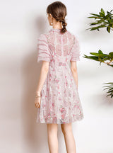 Embroidered Tulle Butterfly Sleeve Flounce Dress