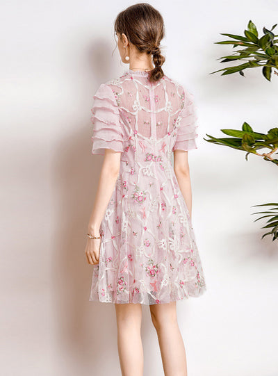 Embroidered Tulle Butterfly Sleeve Flounce Dress