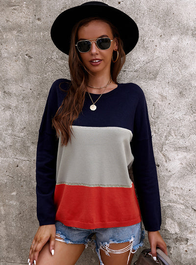 Spliced Sweater Long Sleeve Casual Top