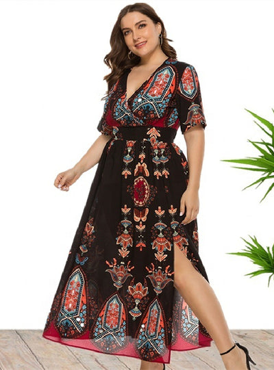 Bohemian Printed Short Sleeve Long Dress