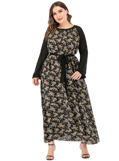 Spliced Round Neck Long Sleeve Print Large Size Dress