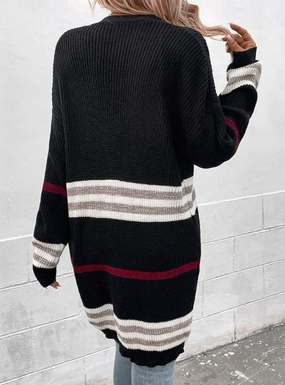 Color Matching Long Cardigan Knitted Sweater Coat