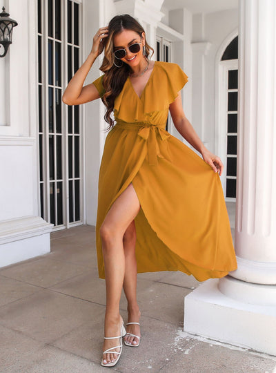 Ruffled V-neck Sleeveless Split Dress