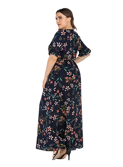 Ladies V-neck Printed Trumpet Sleeve Dress