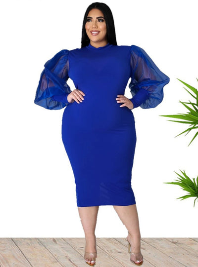 Round Neck Slim Puffy Sleeve Long Dress