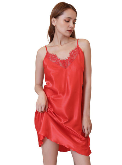 Sexy Satin Silk Pajamas Lace Nightgown
