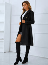 Double-breasted Woolen Cloth Black Coat with Belt