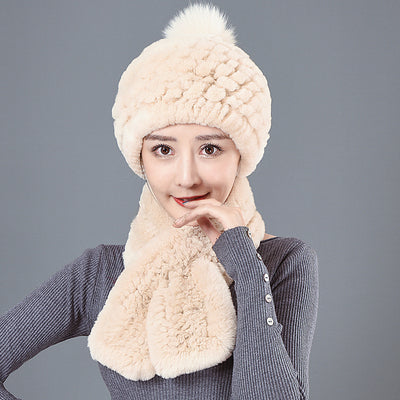 Warm Ear Protection Rex Rabbit Hair Warm Hat Scarf Set