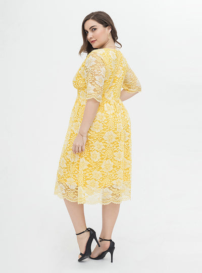 Yellow Lace V-neck Short Sleeve Plus Size Dress
