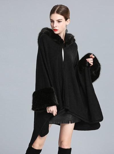 Mink-like Hooded Shawl Cloak Large Size Knitted Cardigan
