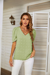 V-neck Puff Sleeve Wool Ball Chiffon Top