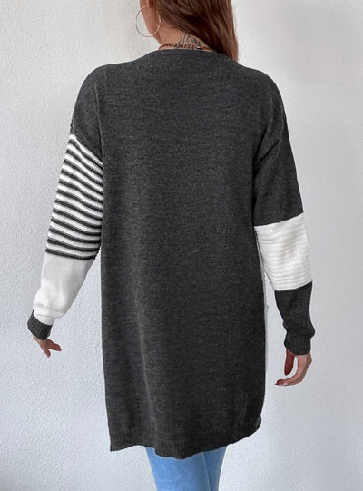 Spliced Striped Contrast Cardigan Pocket Sweater Coat