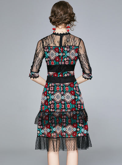 Embroidered Lace Retro Slim Medium-length Dress