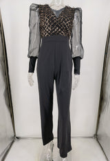 Sexy Mesh Long Sleeve Sequined Spliced Jumpsuit