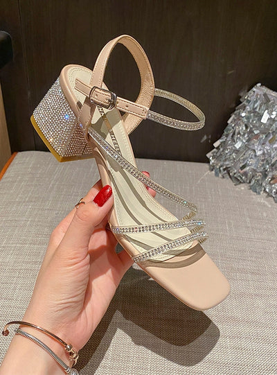 Thick-heeled Rhinestone Sandals