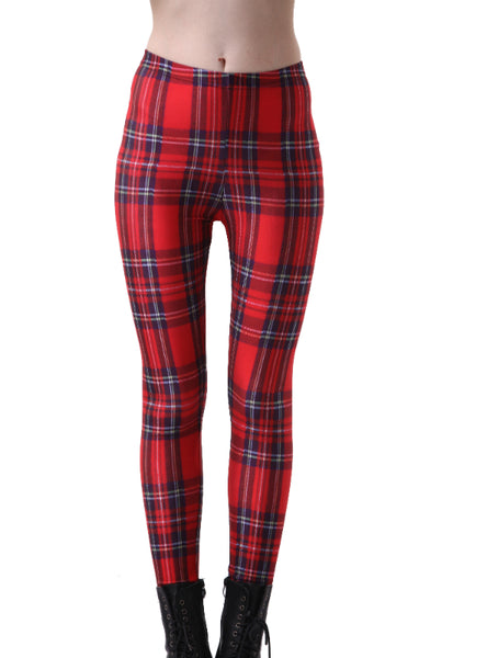 Slim Designed Digital Printed Milk Tartan Red Leggings 