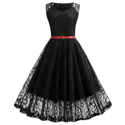 Retro Round Neck Lace Big Swing Dress