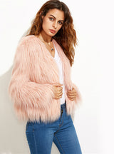 Faux Fur Pink Winter Coat Women Elegant Collarless
