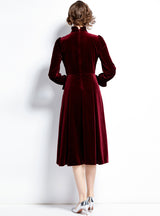 Autumn Winter Long Sleeve Button Velvet Dress