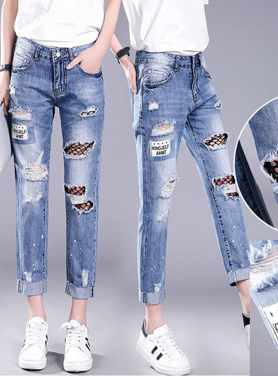 Hollow Out Ripped Jeans Female Black Mesh Jeans 