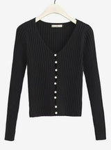 Woman Deep V-neck Long Sleeve Pearl Cardigan Sweater