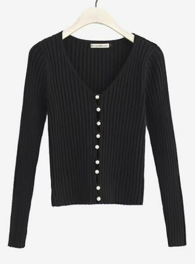 Woman Deep V-neck Long Sleeve Pearl Cardigan Sweater